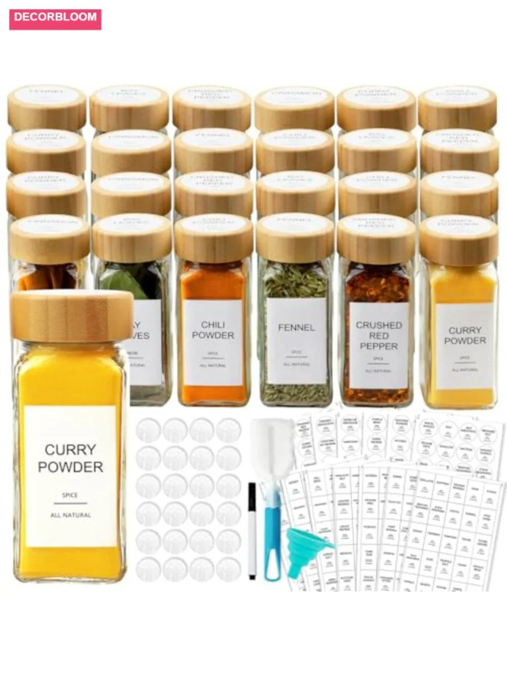 24 Pc Glass Spice Jars with Bamboo Lids, Shaker Lids, Labels, Funnel